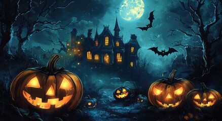 Halloween pumpkins in front of spooky castle at night