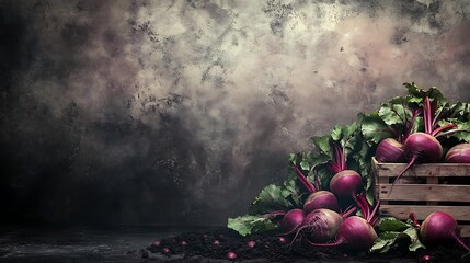 Freshly harvested beetroots in a wooden box on the ground.