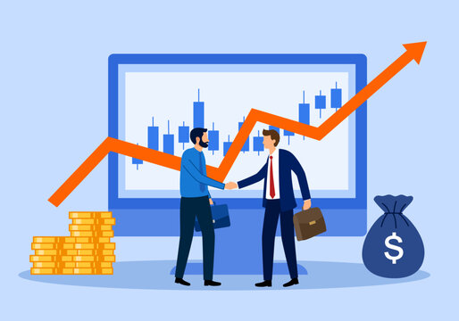 Big monitor with business graph. Businessmen shake hands after negotiations and good deal. Business development, new profitable project. Making money. Investor partnership.