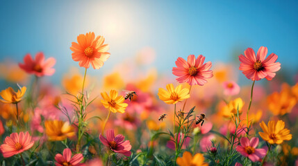 A vibrant flower field with orange, yellow, and pink flowers, surrounded by a sunny sky with a few scattered clouds, and bees buzzing around the flowers.