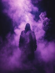 Man stands in a purple haze, surrounded by smoke