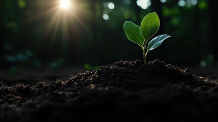Tiny sprout emerging from fertile soil, bathed in morning light