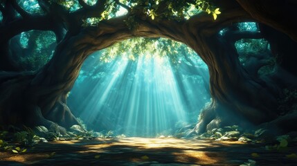 Sunlight streams through ancient forest trees. Lush greenery, mystical ambiance
