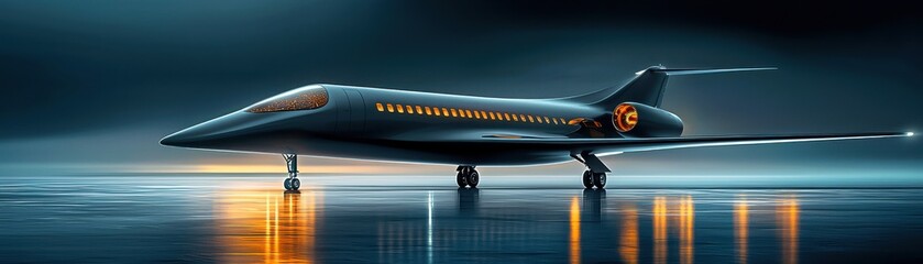 Futuristic aircraft poised for takeoff with stunning reflections on a sleek runway.