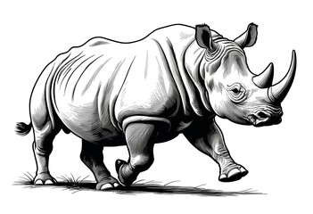 Fototapeta premium Charging Rhino Black and White Line Art