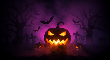Spooky orange pumpkin silhouette under a dark October moon, with bat vectors in a Halloween night illustration