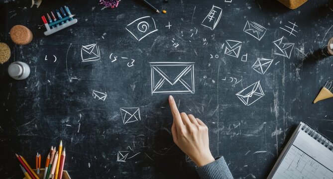 Hand pointing at email icon on chalkboard with various drawings. - Powered by Adobe