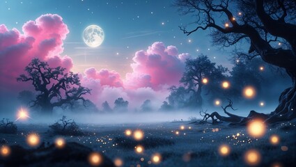 Mysterious night landscape with glowing orbs under a full moon and vibrant clouds in a serene setting