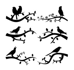 set of bird on a branch vector silhouette