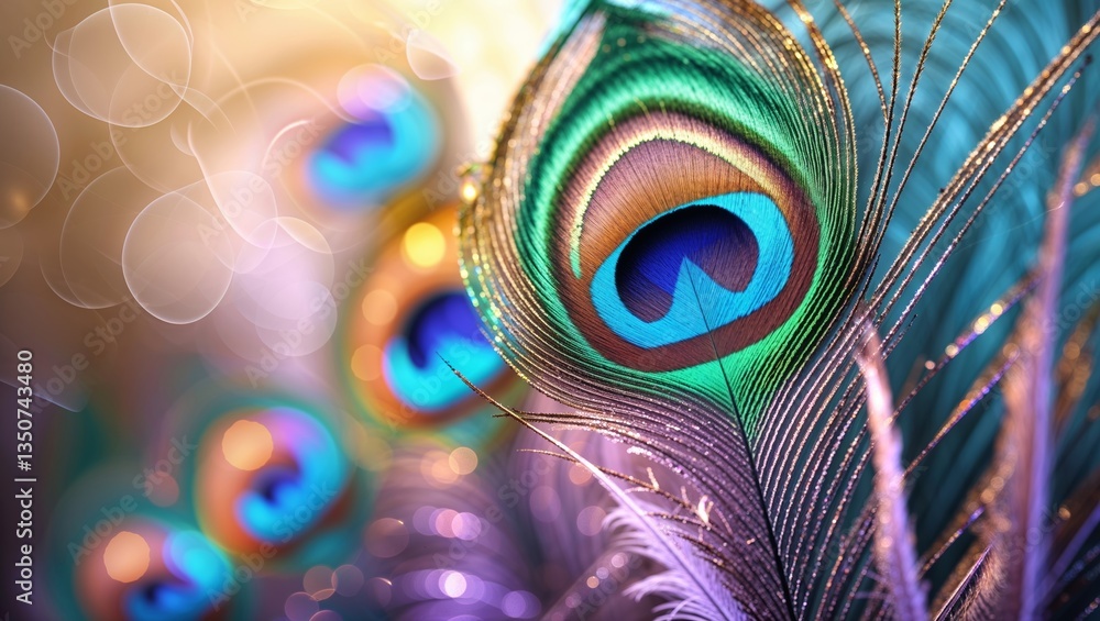 Poster vibrant peacock feathers on display showcasing intricate patterns and colors in a beautiful natural 