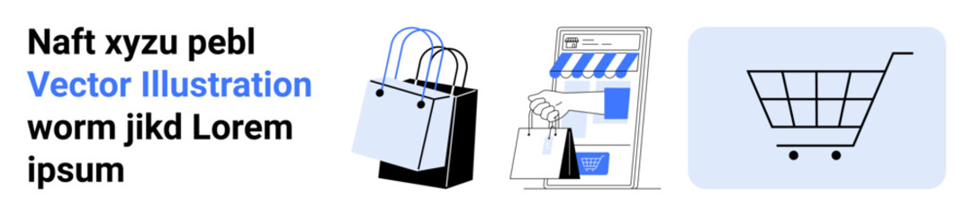 Shopping bags, storefront with awning, and shopping cart icon symbolize e-commerce, online shopping, consumerism, retail, marketing, business growth. Ideal for marketing materials e-commerce app