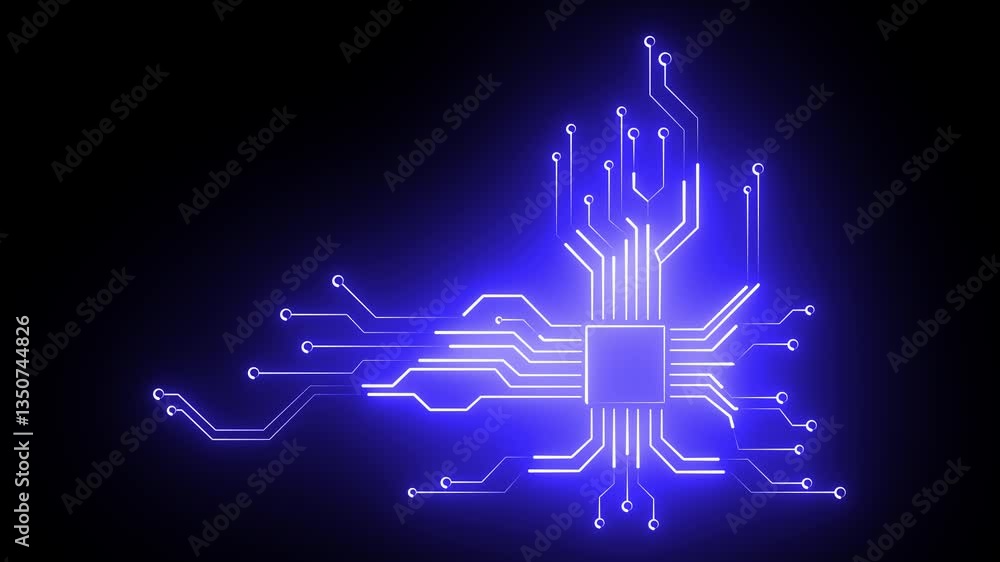 Poster animated glowing circuit on a black background. animated glowing motherboard circuit pattern backgro