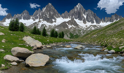 Obraz premium Serene mountain river flows through lush green valley, surrounded by towering snow-capped peaks under a vibrant blue sky