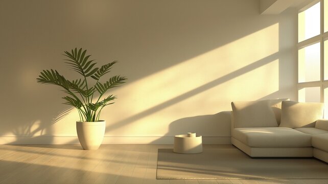 Bright and inviting minimalist living room with modern furniture and natural light highlighting a serene indoor plant arrangement. Interior design background concept.
