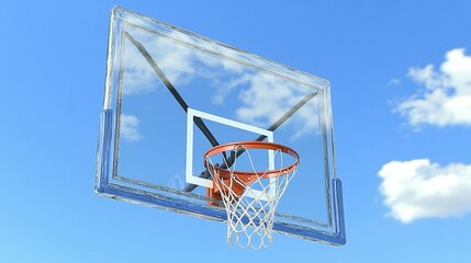 Low-angle view of an outdoor basketball hoop against a bright blue sky with fluffy white clouds.