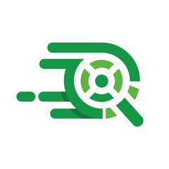 The image shows a flat logo design of a magnifying glass in green in speed style. The logo looks clean on a white background.