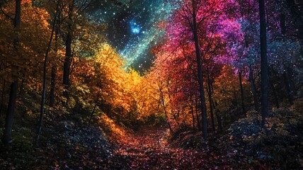 Northern Lights Over a Colorful Autumn Valley With a Starry Sky