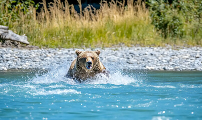 Fototapeta premium Grizzly bear powerfully running through a pristine river, splashing water. Stunning wildlife photography.