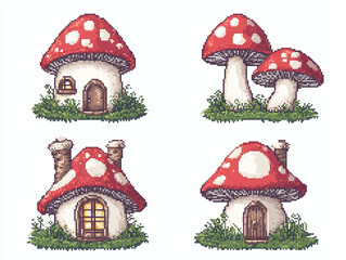 Fototapeta premium Pixel Art Mushroom Houses - Cute Fantasy Homes