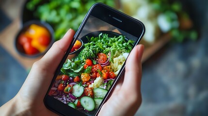 Taking photo of healthy food with smart phone. Food blogger concept.