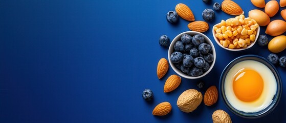 Fuel your day with a healthy breakfast bowl! This delicious mix contains protein-rich egg yolks, blueberries, and almonds for optimal nutrition and a satisfying start. © Chananphat