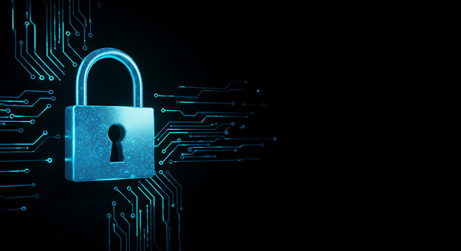 Secure digital privacy concept with a gold key and steel padlock locked on binary code