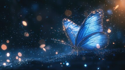 A magnificent butterfly with vibrant electric blue wings, shimmering with iridescent reflections. Its delicate wings unfold gracefully, glowing softly 