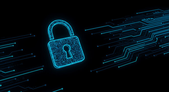 Secure digital privacy concept with a gold key and steel padlock locked on binary code