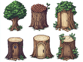 Pixel Art Tree Stump Cabins - Nature's Cozy Homes