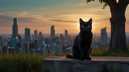 A black cat sits on a stone ledge overlooking a city