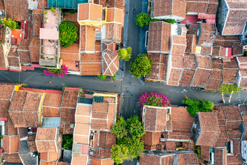 Aerial drone view of Hoi An city, Vietnam. Ancient town, UNESCO world heritage, at Quang Nam province.