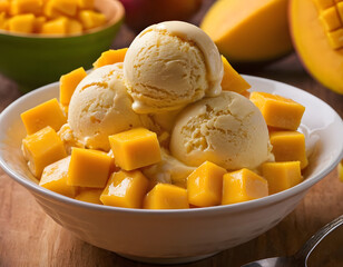 Delicious mango ice cream in a bowl with sweet mango cubes, a closeup of yummy ice cream.