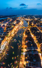 Aerial drone view of Hoi An city, Vietnam. Ancient town, UNESCO world heritage, at Quang Nam province.