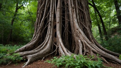 Ancient tree with intricate roots system in a lush green forest setting