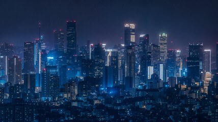 Naklejka premium Vibrant Nighttime Cityscape with Illuminated Skyscrapers