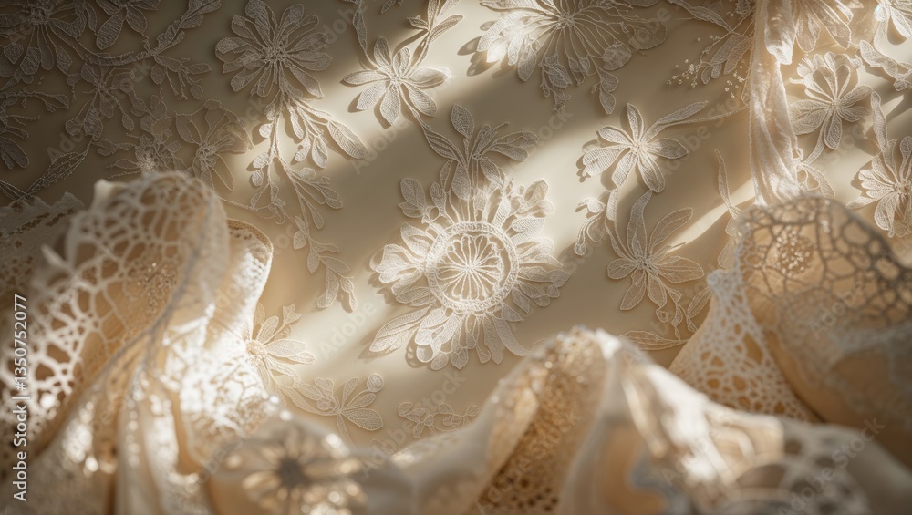 Poster delicate lace fabric illuminated by soft sunlight highlighting intricate floral patterns in a serene