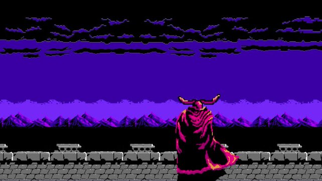 8-bit silhouette of an evil king looms atop his jagged, towering castle. Streaks of pixelated lightning slash through the stormy sky, illuminating his menacing cape