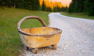 Fototapeta premium A Vintage Yellow Basket on a Serene Country Road Surrounded by Lush Green Grass and Tall Trees at Dusk in a Peaceful Natural Landscape