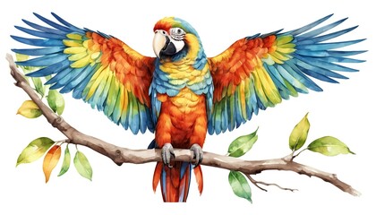 Fototapeta premium Vibrant Macaw on Branch with Spread Wings