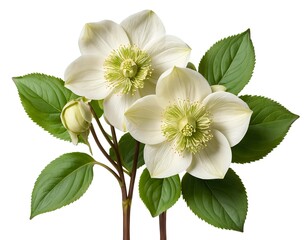Fototapeta premium Elegant White Hellebore Flowers with Green Leaves