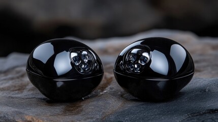 Sleek, black, round earbuds on rocks