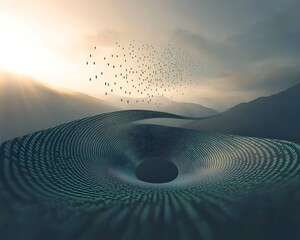 Data vortex with sunset landscape.