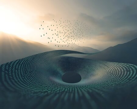 Data vortex with sunset landscape.