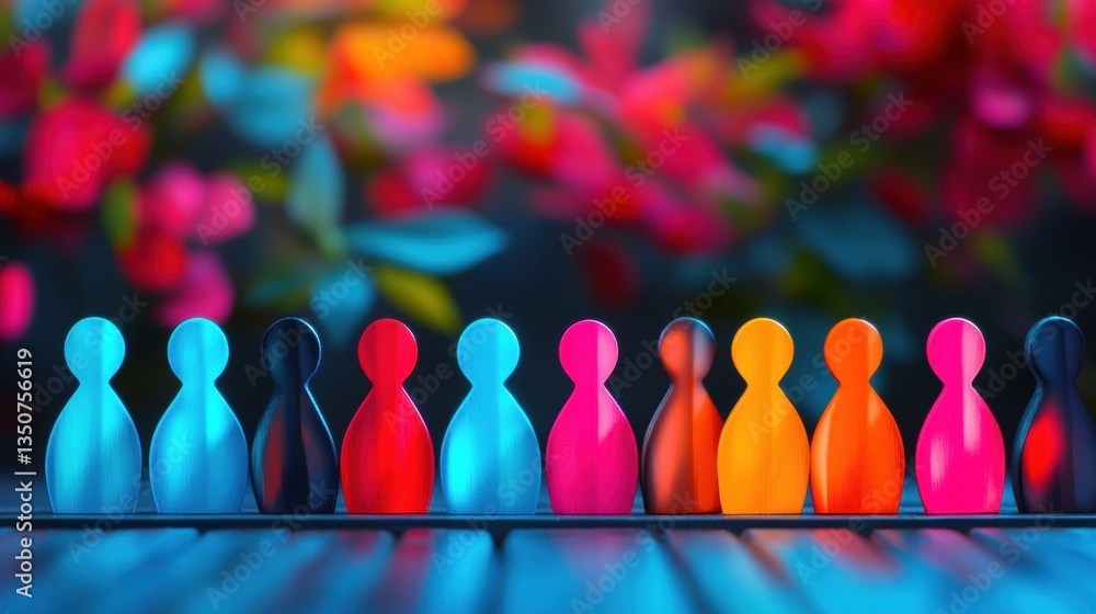 Poster a row of colorful wooden figurines stands in front of vivid flowers, showcasing an array of hues und