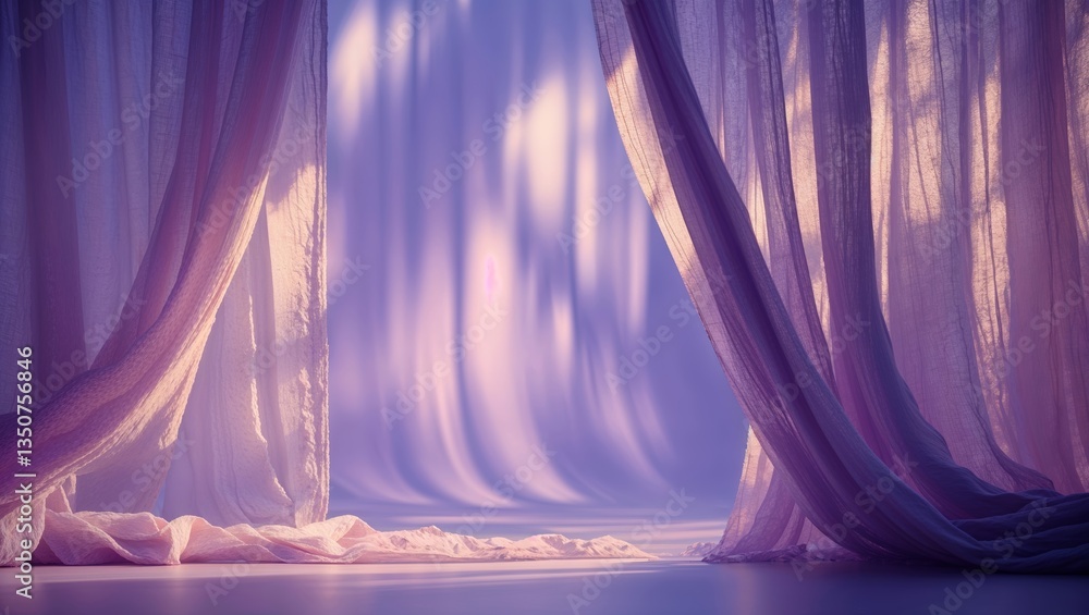 Poster soft curtains drape across a lit space, creating an ethereal ambiance during twilight hours