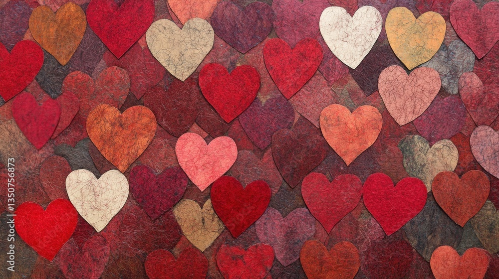 Poster a vibrant display of paper hearts in multiple sizes and colors interspersed on a richly textured bac