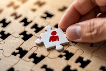 Hand placing human icon puzzle piece.