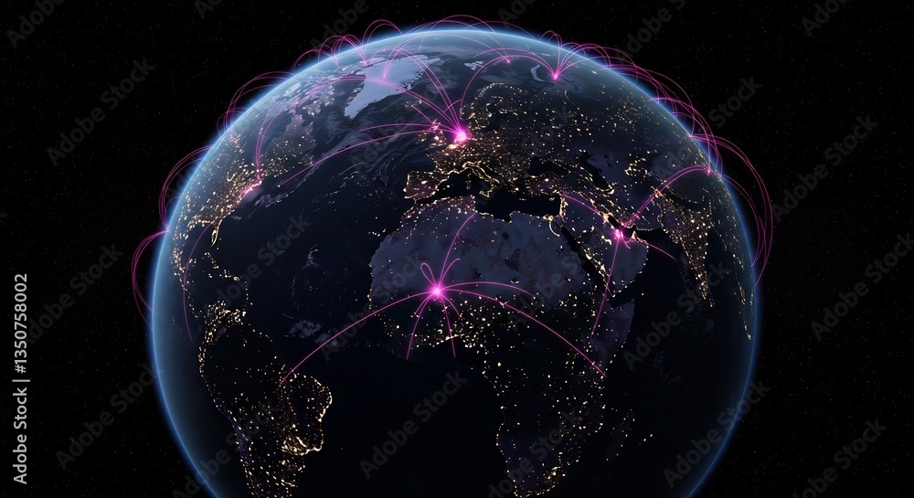 Poster global network connections: illuminated earth with pink data streamlines showing international commu