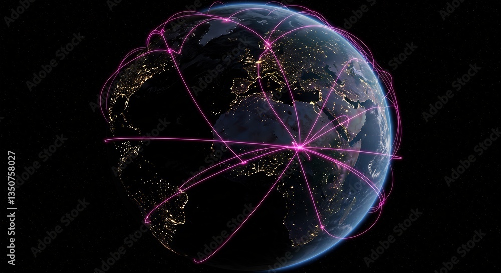 Poster global network connections: illuminated earth with pink data streams showing international communica