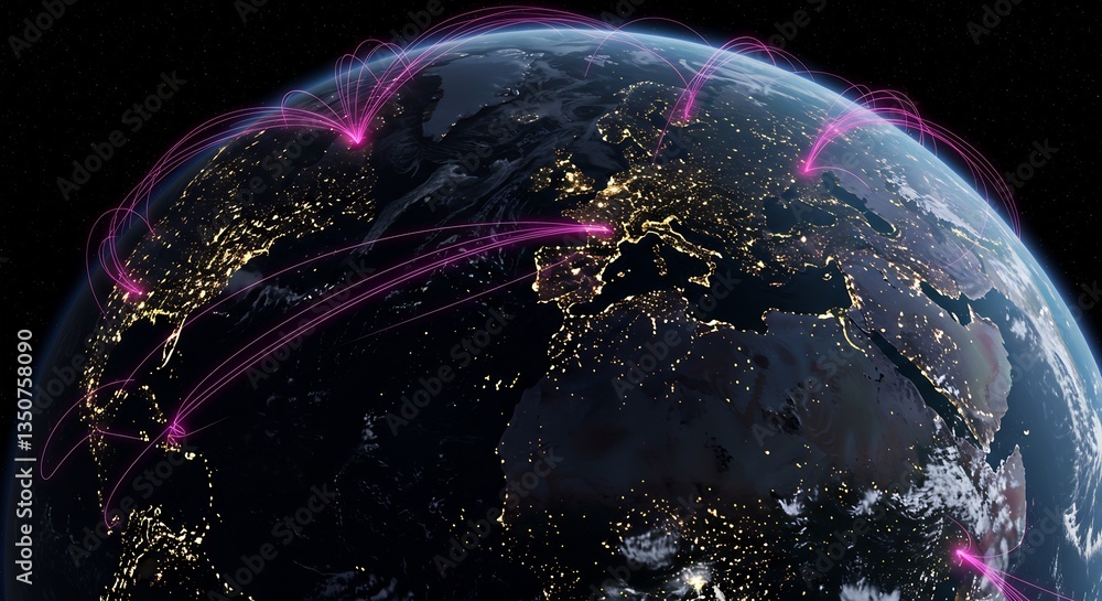 Poster global network connections: illuminated earth with pink data streams showing international communica